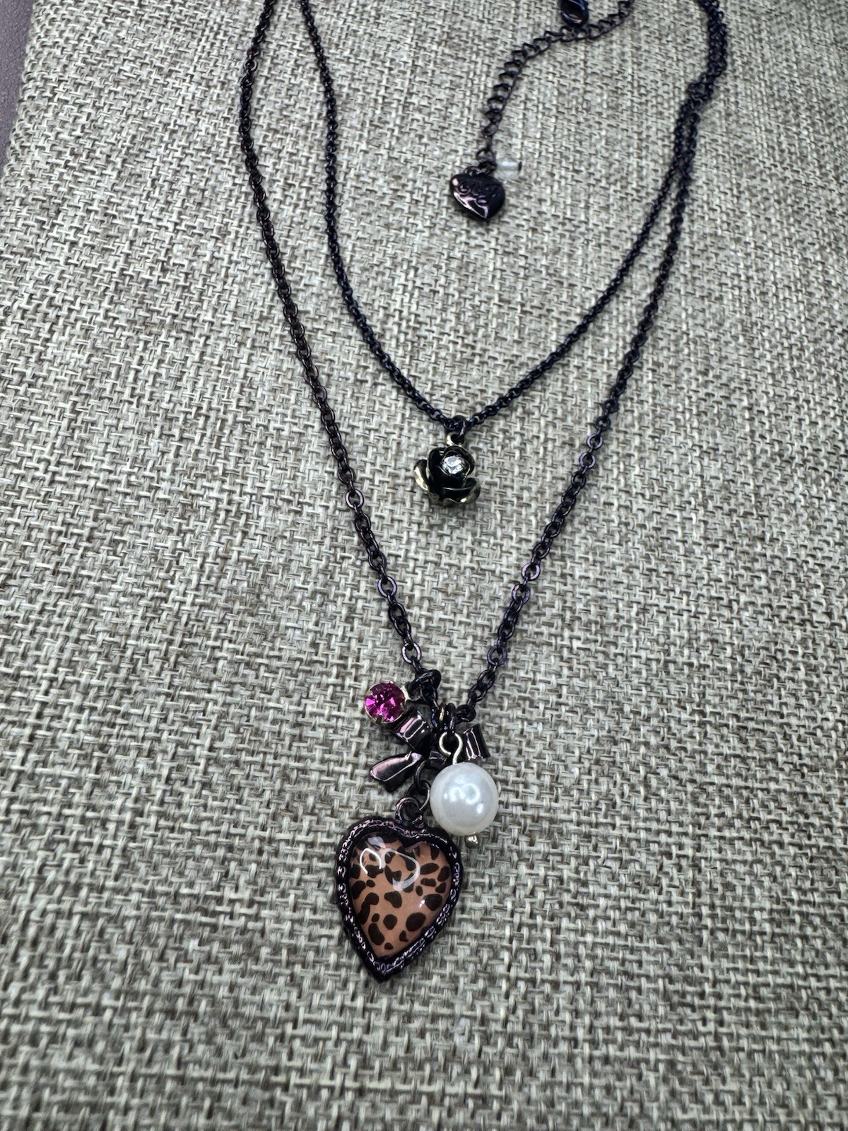 Betsey Johnson Layered Charm,purple/iridescent necklace 16”-19”