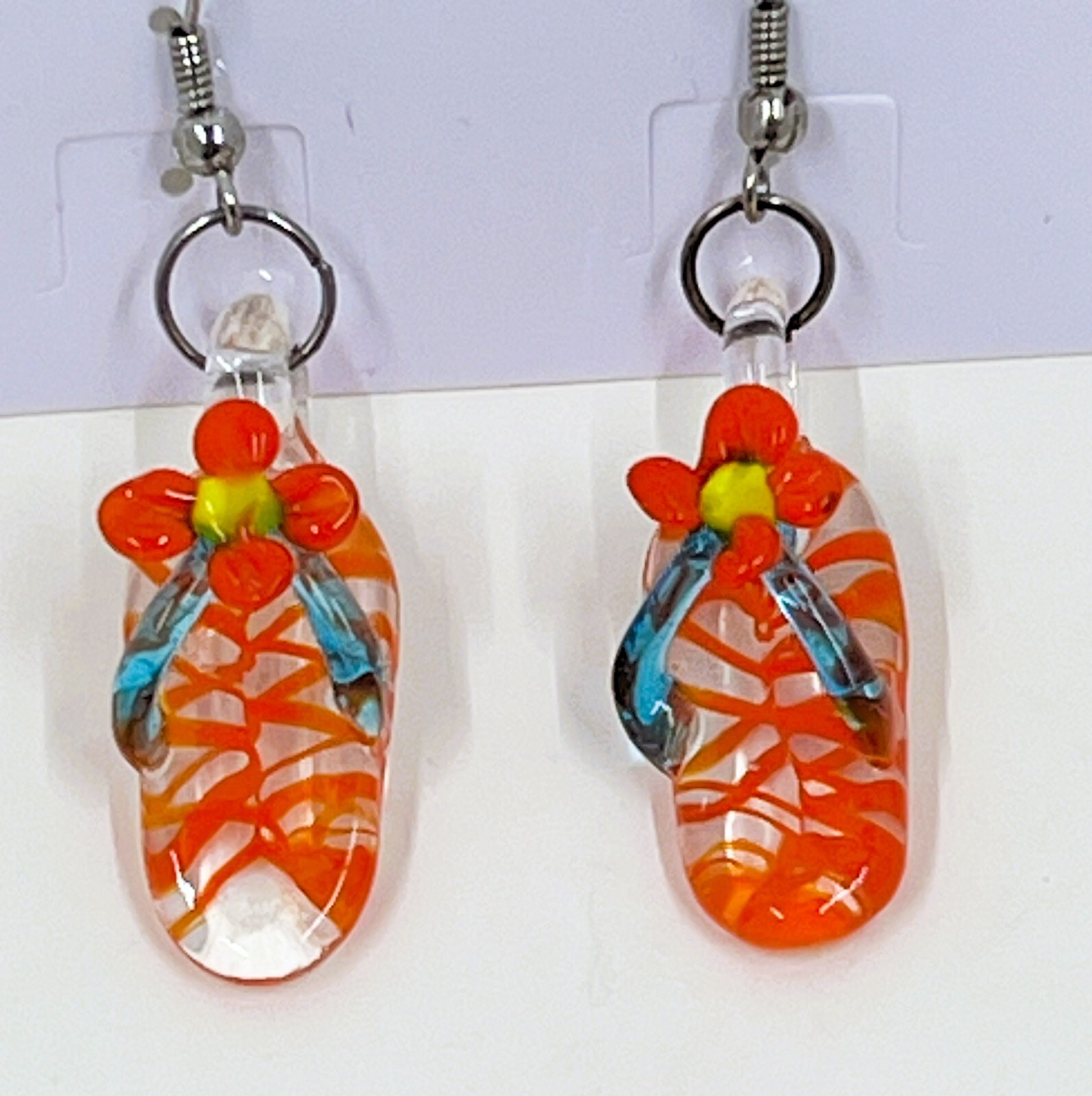 Tropical Glass Flip Flop Beach Sandals Dangle Earrings Red Flower Slippers 1″