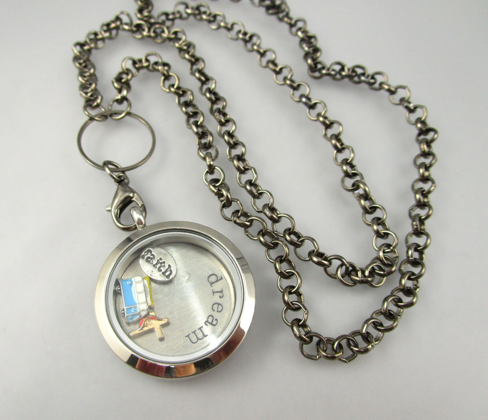 Dark Gray Colored Metal Link Chain Encased Charms Dream Faith Cross Bus Pendant