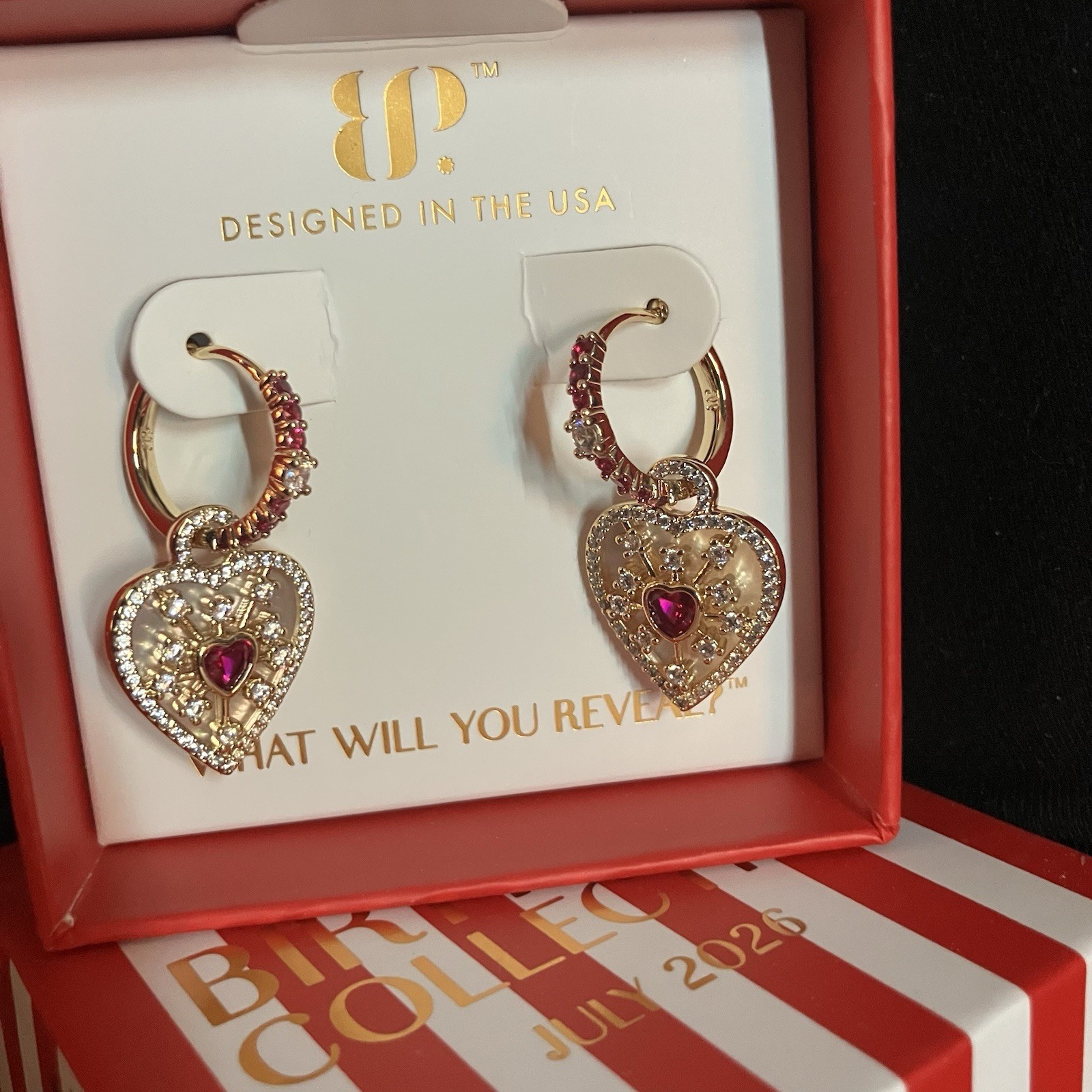 Bomb Party Pink Ruby “Hearts On Fire” Removable Charm Hoop Earrings ER84092 Gold