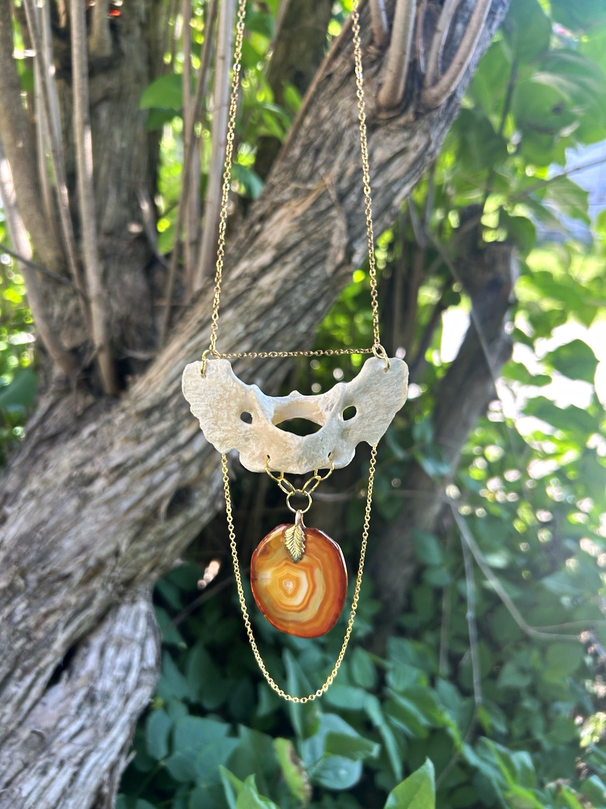 Real animal bone Necklace Orange Round Agate Charm Pendant
