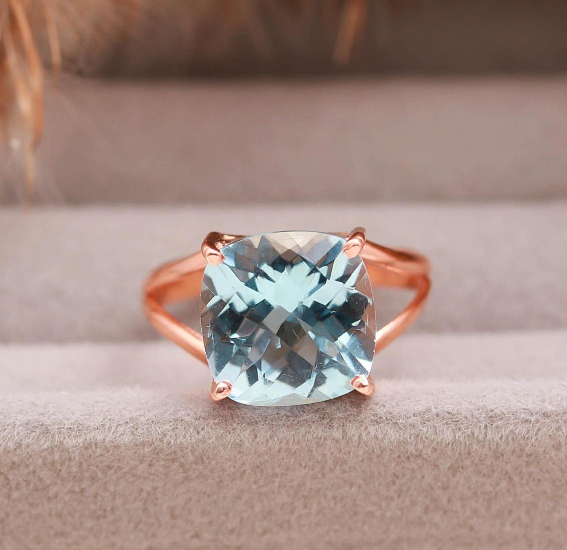 Natural Sky Blue Topaz Cushion Ring Rose Gold Fill Solid Silver Handmade Jewelry