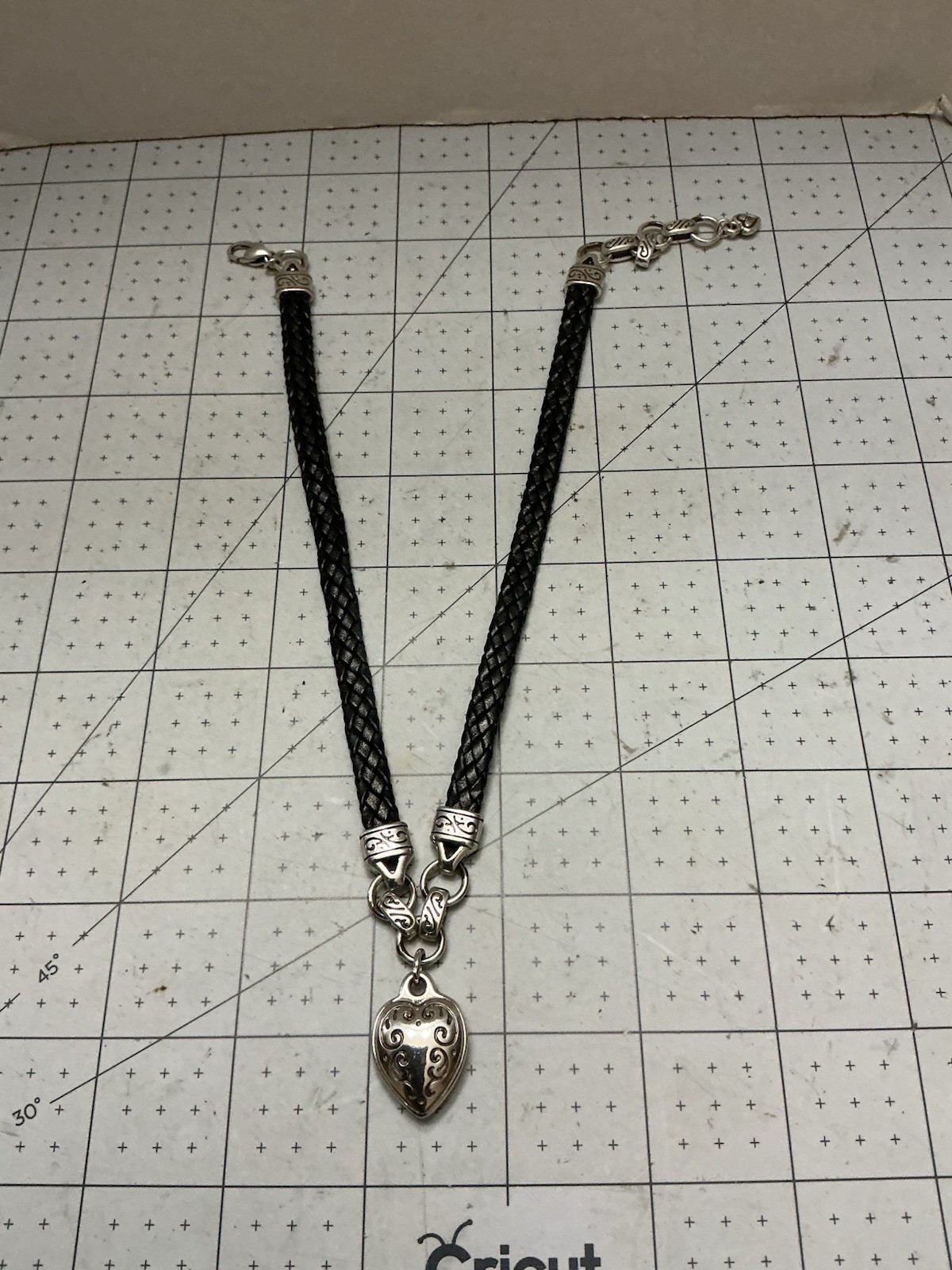 Heart Necklace with black leather woven chain 15″ as shown very nice