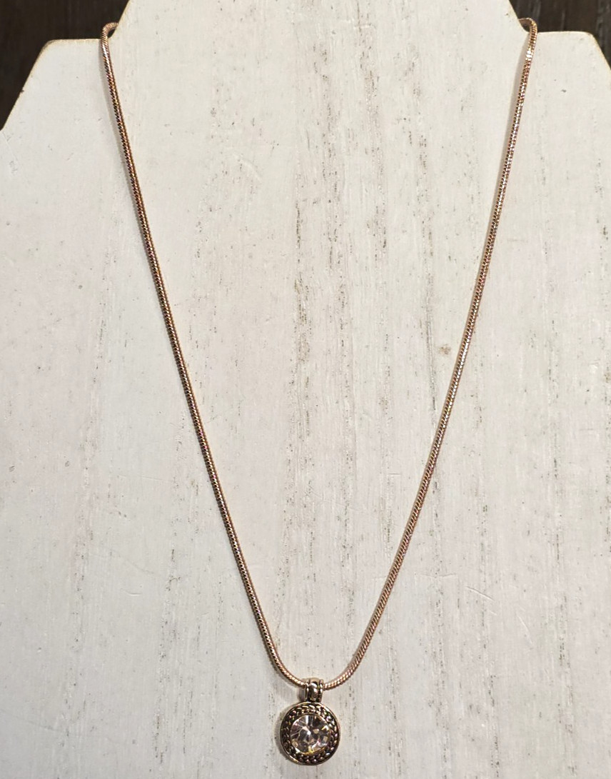 Napier Rose Gold Tone Necklace w Small Crystal Pendant Braid Wheat Edge Detail