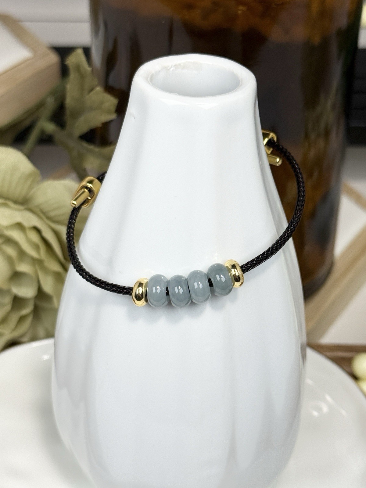 Blue Water Jade Blue Donut Pendant Bracelet 8MM on Black Adjustable Nylon Cord
