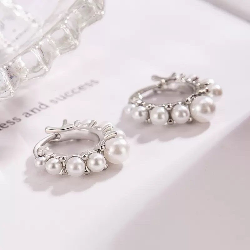 Silver Beaded Pearl Chandelier Earrings Pearl Cluster Hoop Huggie Earrings EA128