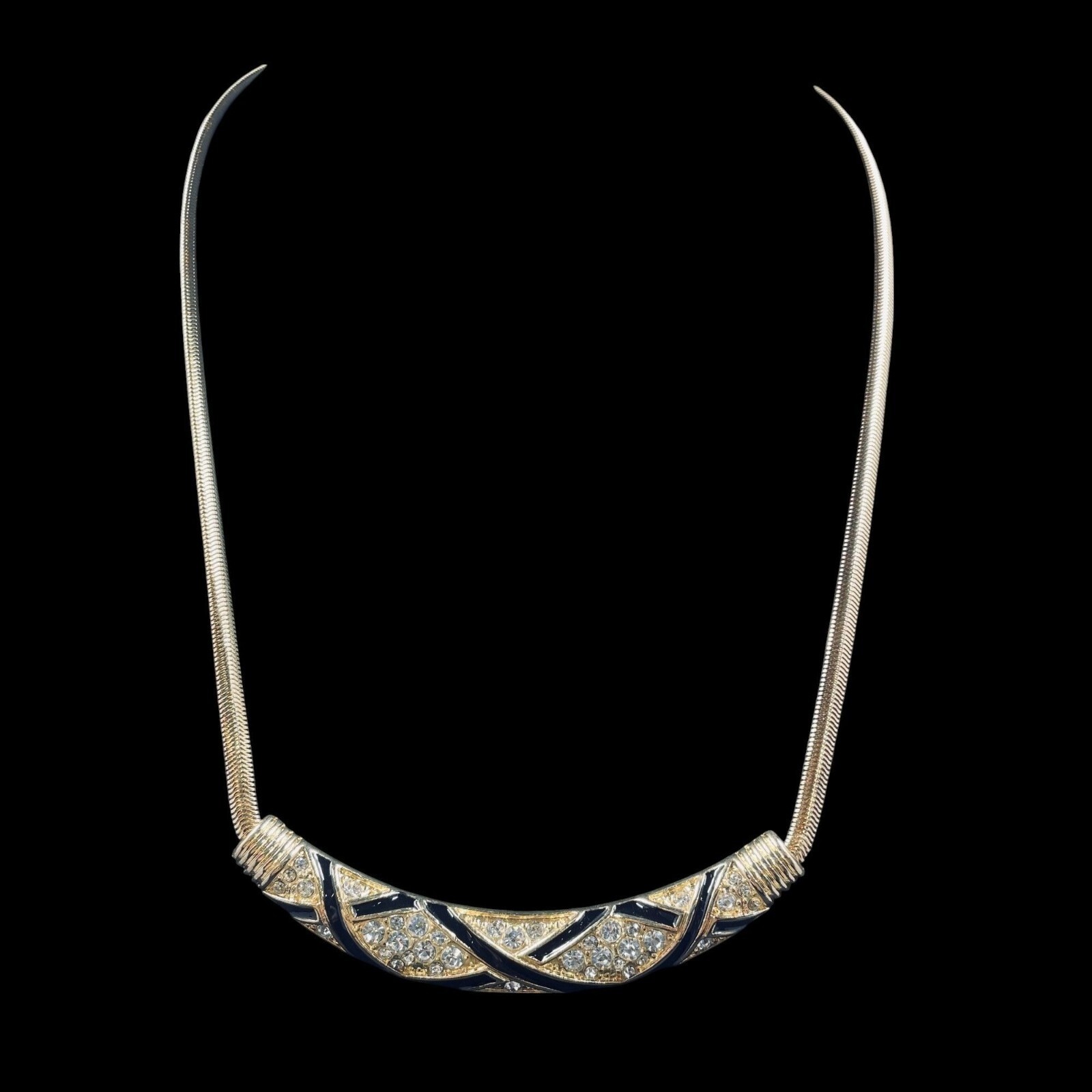 Snake Chain Necklace Bar Pendant Black Enamel Crystal Collar Retro Glam