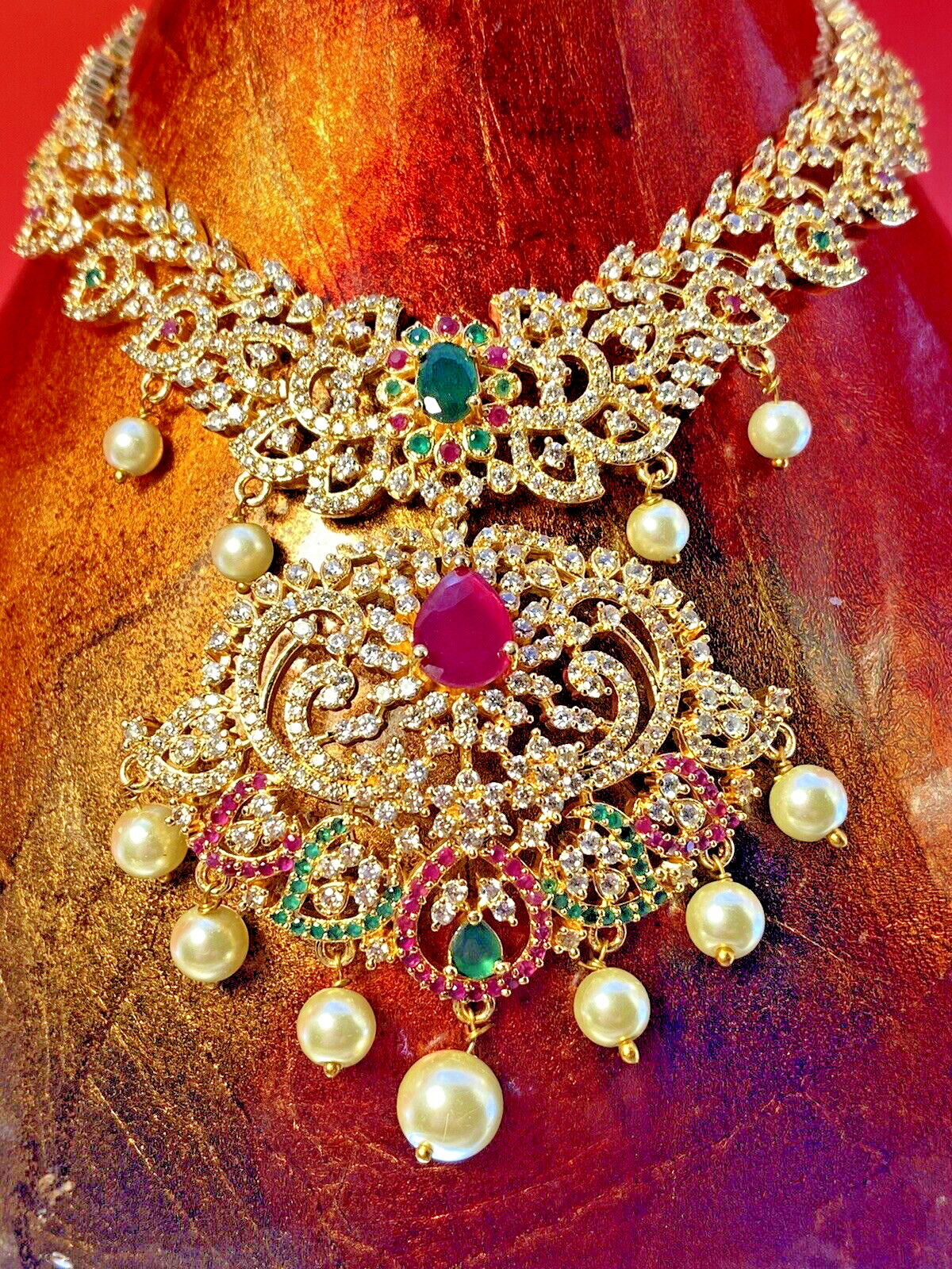 Indian Formal Temple Necklace Traditional Red Green Jewels Bollywood “Maya”