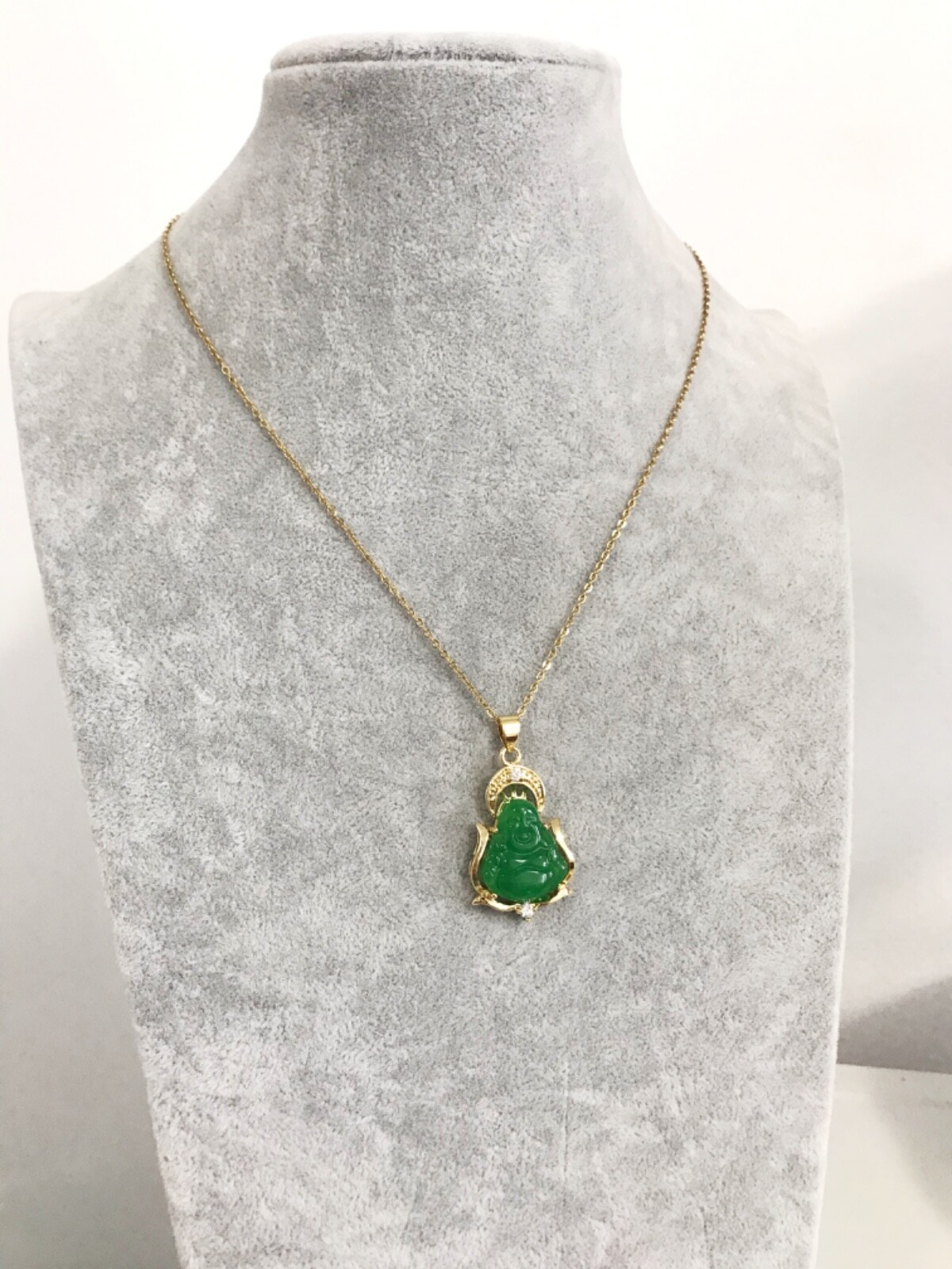Good Fortune Wisdom Gold plated Jade laughing Buddha Pendant Necklace, Stainless