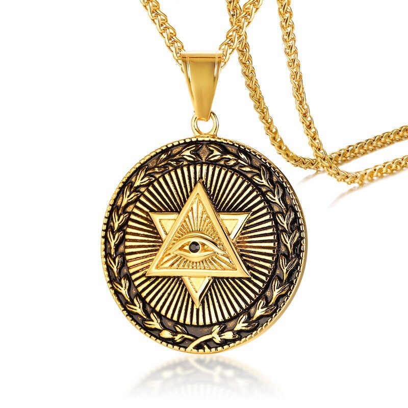 Gold Pyramid All Seeing Eye Pendant Necklace Punk Biker Jewelry Men Unisex 24″