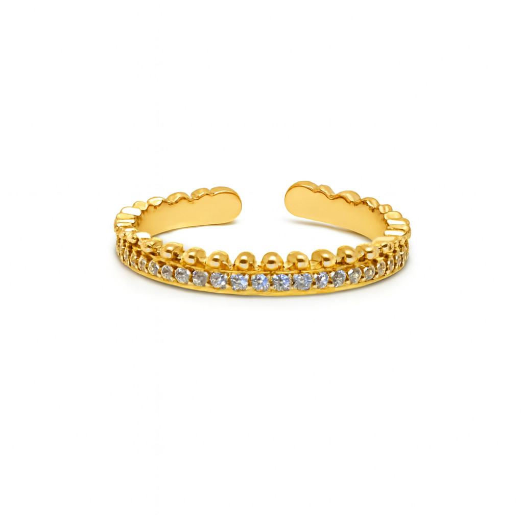 Adjustable Gold Double Layer Bead Ring Stainless Steel Zircon Open Band Jewelry