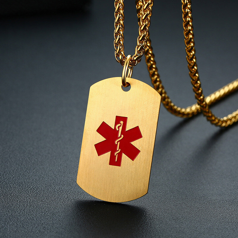 Medical Alert ID Necklace Pendant Stainless Steel Dog Tag Custom Engrave Laser