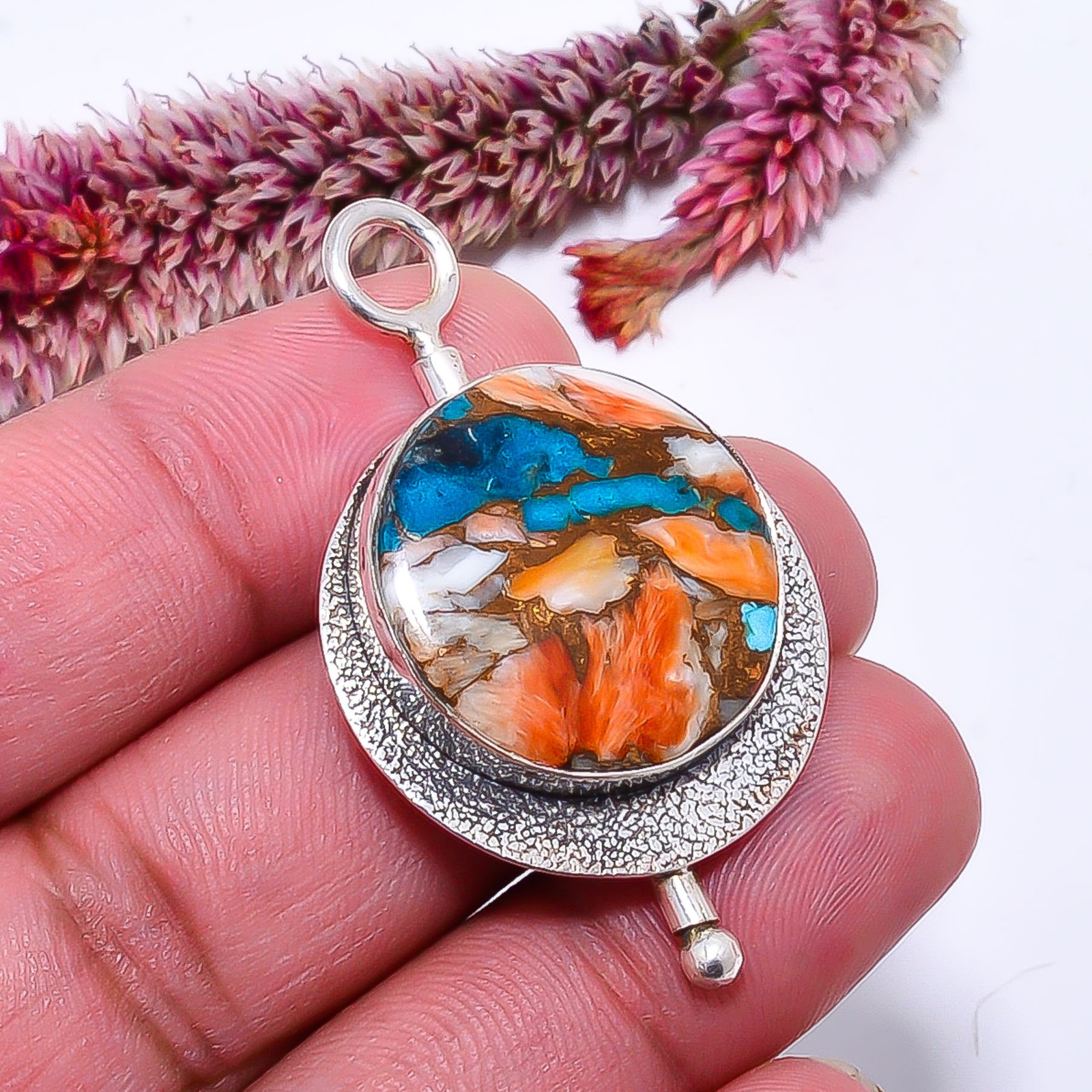 Copper Spiny Oyster Arizona Turquoise Handmade 925 Silver Pendant 1.79″ P1037614