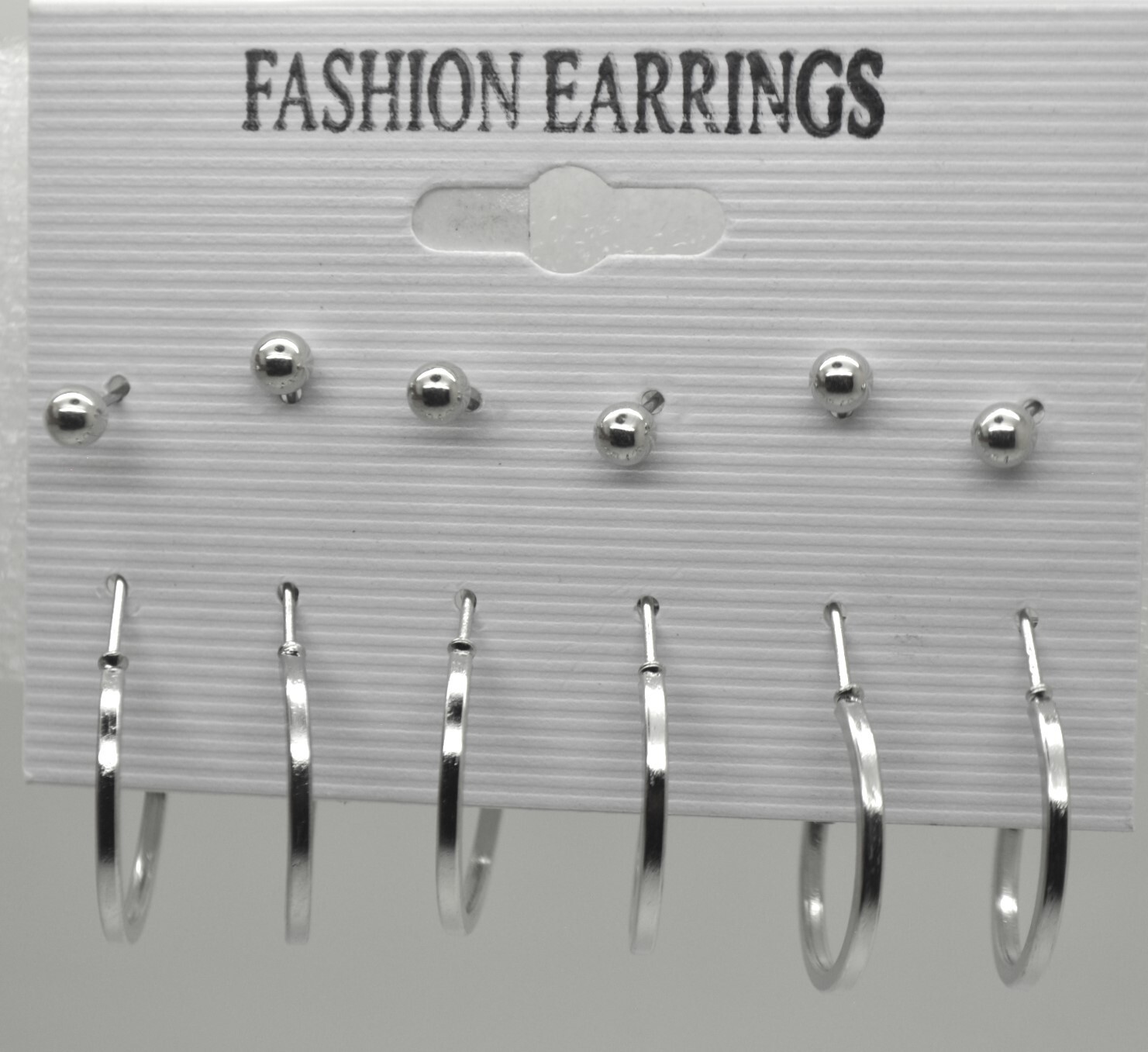 set of 6 Pairs/ 1 card ball stud /0.75 inch silver color hoop fashion earrings