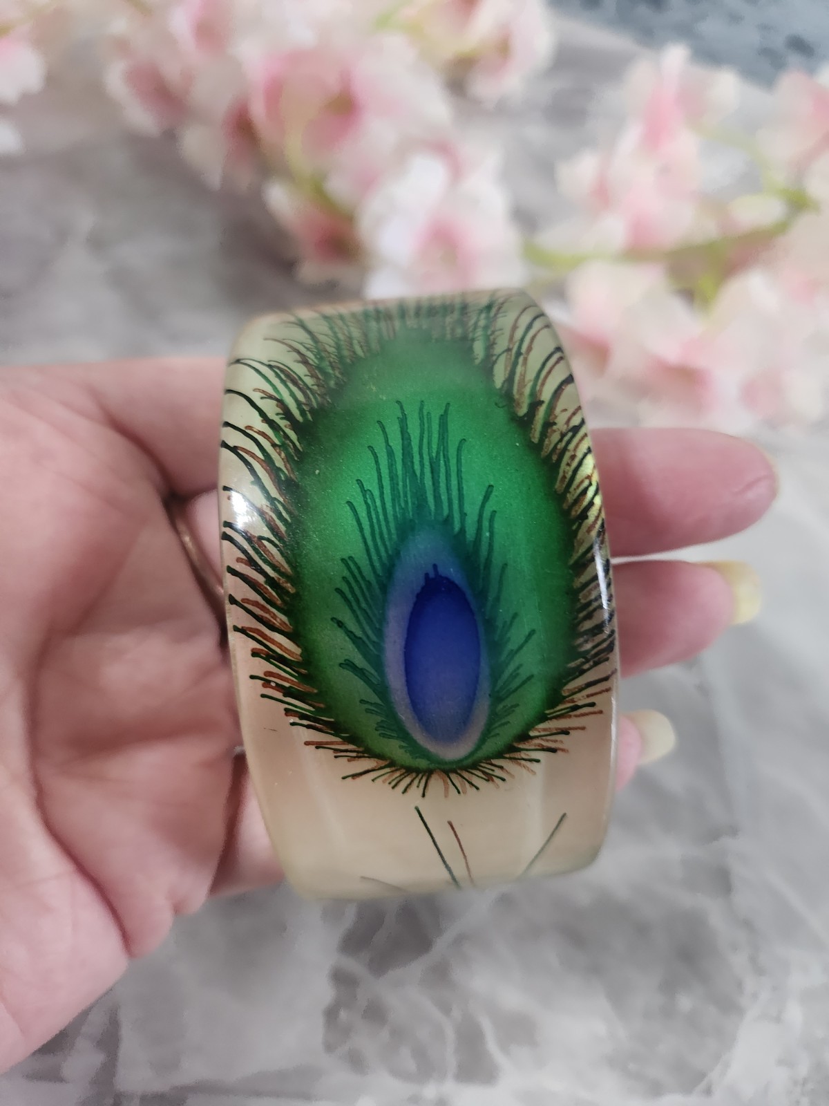 Peacock Feather Bangle Bracelet Resin Acrylic Green Statement Wide Monumi