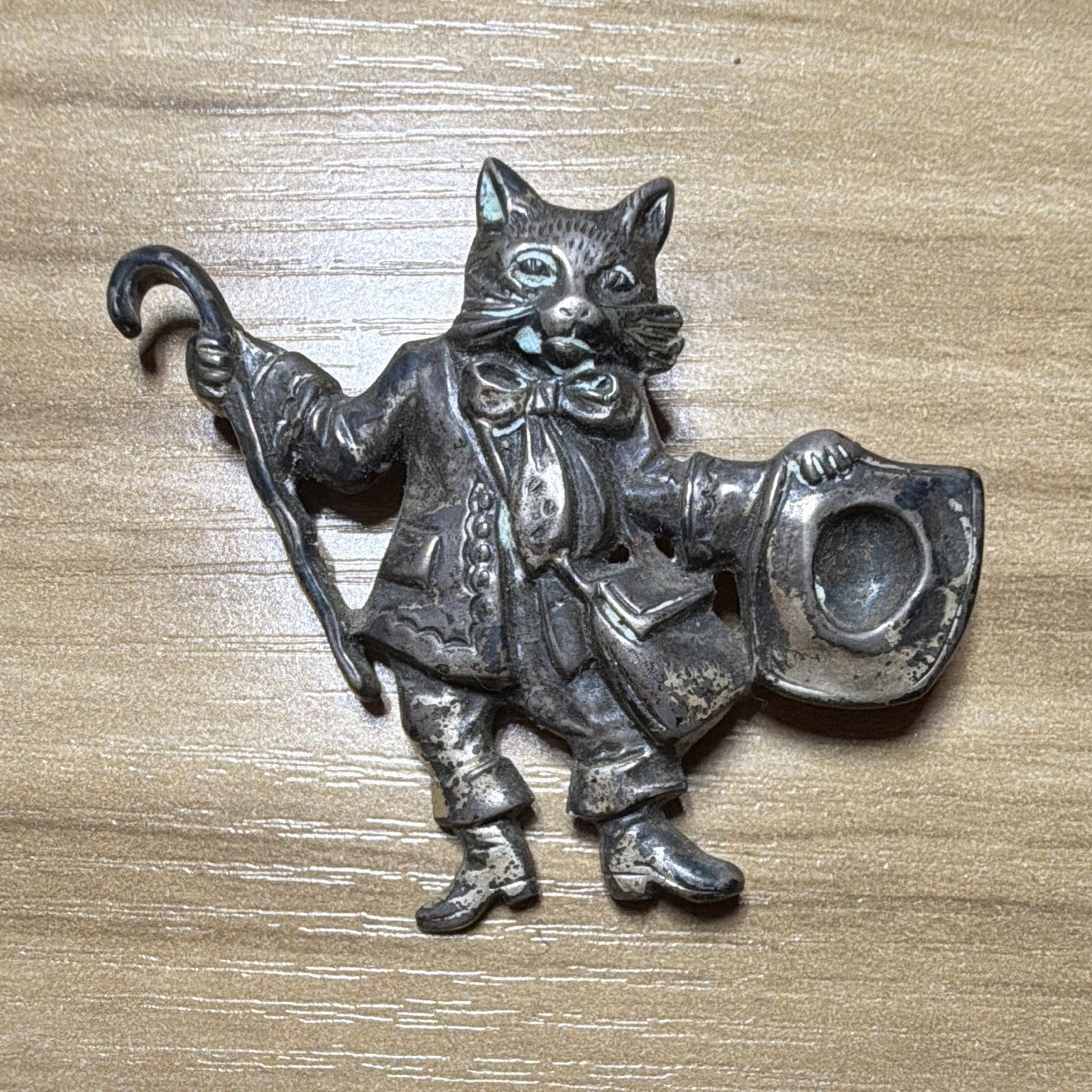 Vintage Brooch, Cat with a hat and cane, “Sterling” stamp