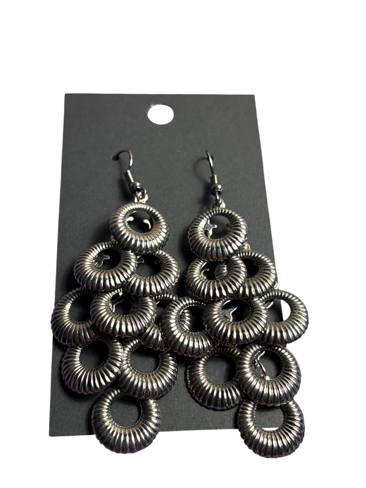 Gunmetal Textured Circles Dangle Chandelier Earrings 2.25 inches
