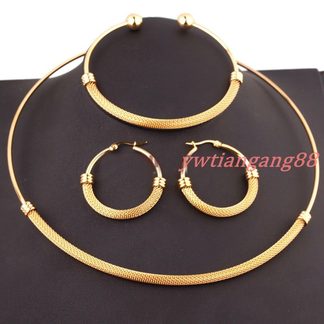 Womens Silver/Gold Color Stainless Steel Necklace Choker Bracelet Jewelry Set