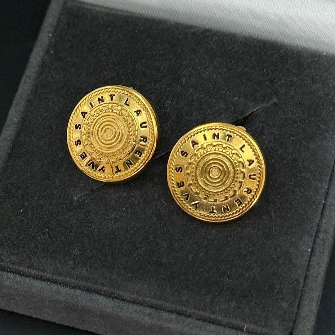 Yves Saint Laurent Earrings YSL Round Engraving Vintage Gold Tone From Japan