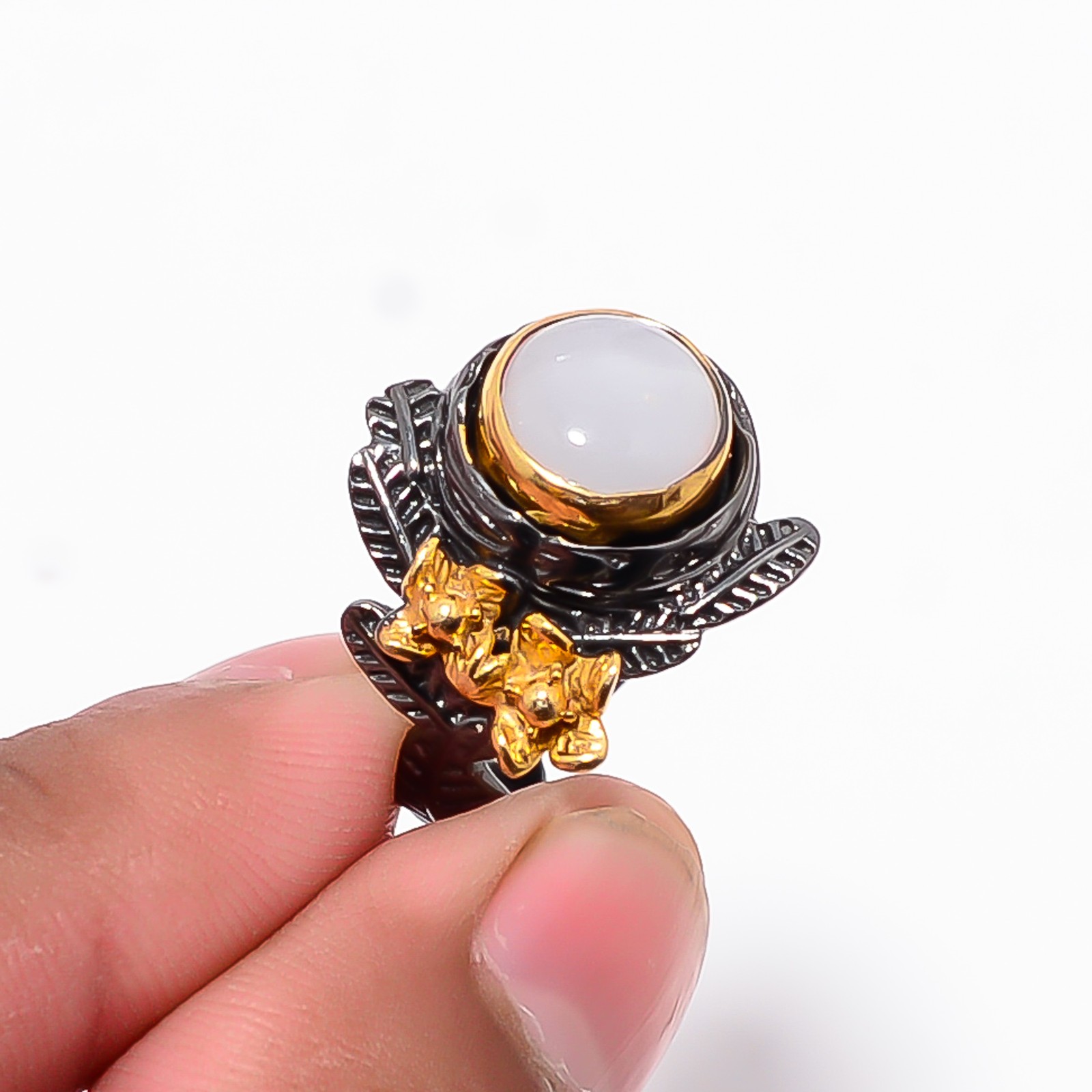 Moonstone – Sri Lanka Black And Gold Plated 925 Sterling Silver Ring S.8 R87318