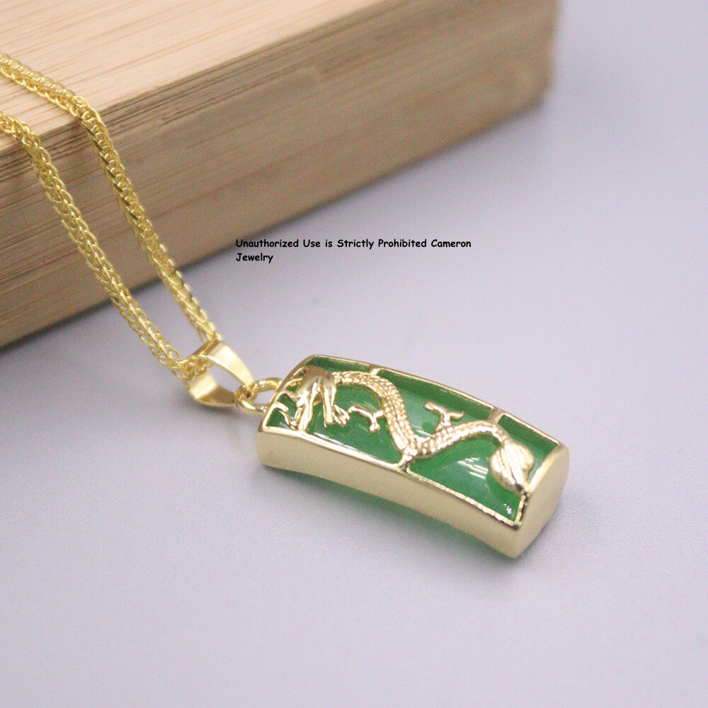 Real Hot Sale 18K GP With Green Jade Women Men Lucky Dragon Oblong Pendant