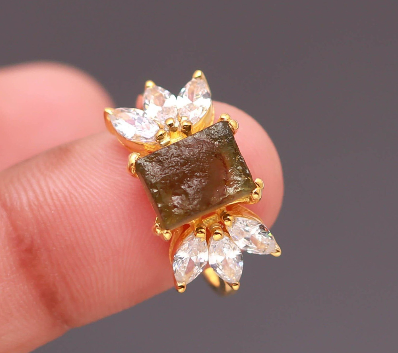 Raw Moldavite Octagon Ring, 925 Sterling Silver Gold Filled Handmade Jewelry