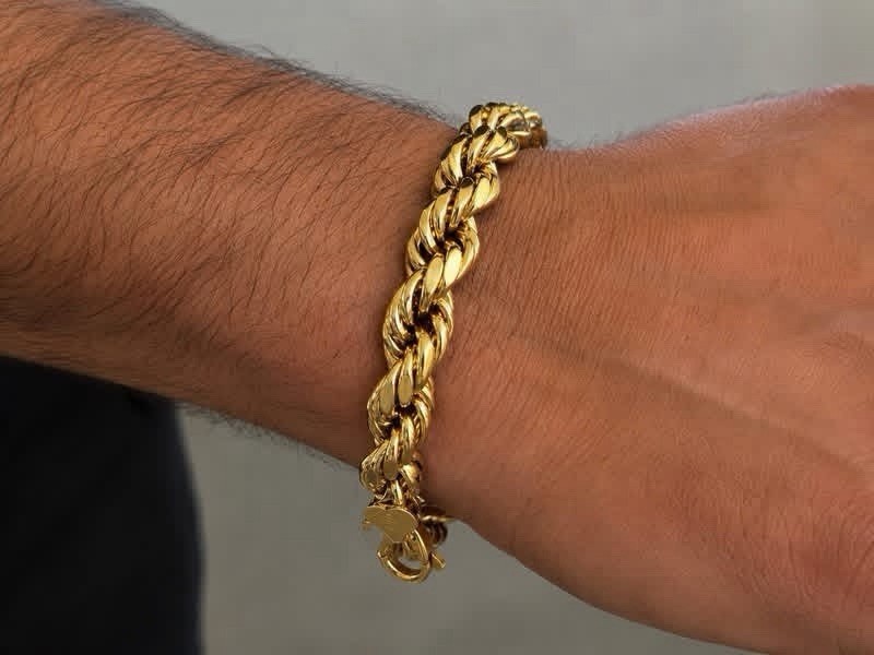 10K Gold Tone Hollow Rope Chain Bracelet Lobster Clasp 8.5” 9.41mm Wide 13.51g