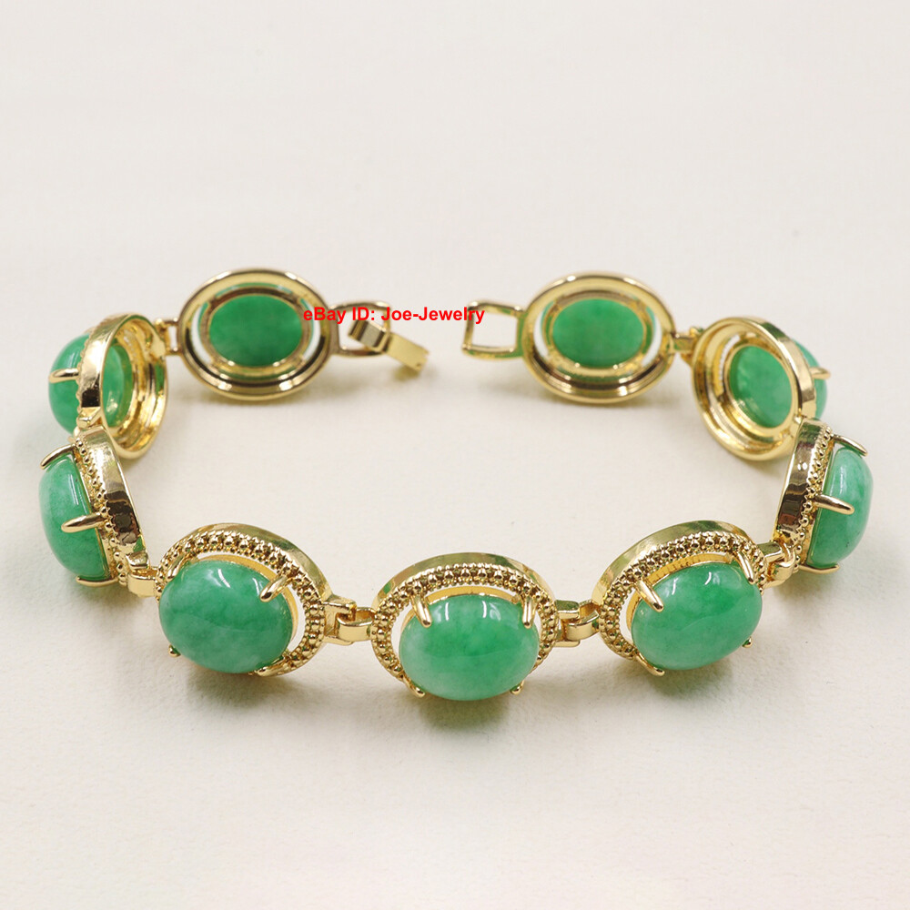 Elegant Heated Green Jade 13MM Oval Bead Gold Plated Alloy Link Bracelet 7.48″L