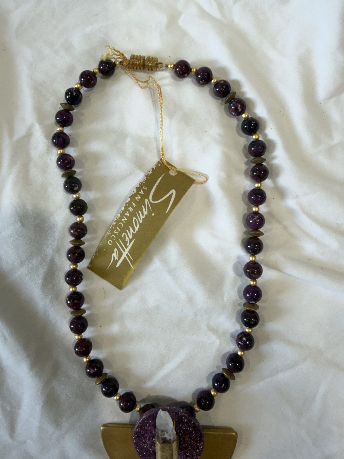 Simonetta San Francisco Purple Beaded Necklace Gold Asymmetrical Amulet Pendant