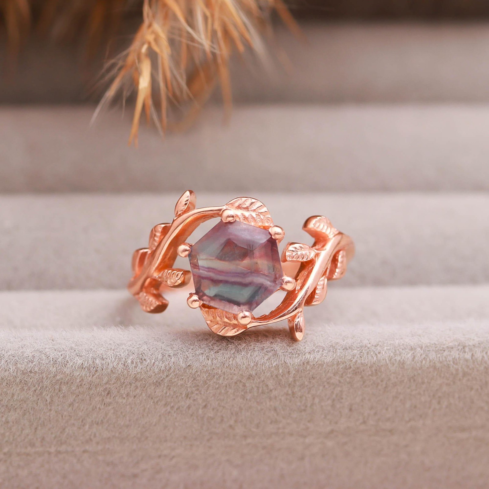 Natural Fluorite Hexagon Leaf Ring Rose Gold Filled 925 Sterling Silver Jewelry