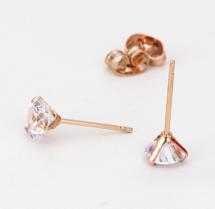 925 Sterling Silver Rose Gold Plated Round Cubic Zirconia Clear CZ Stud Earrings