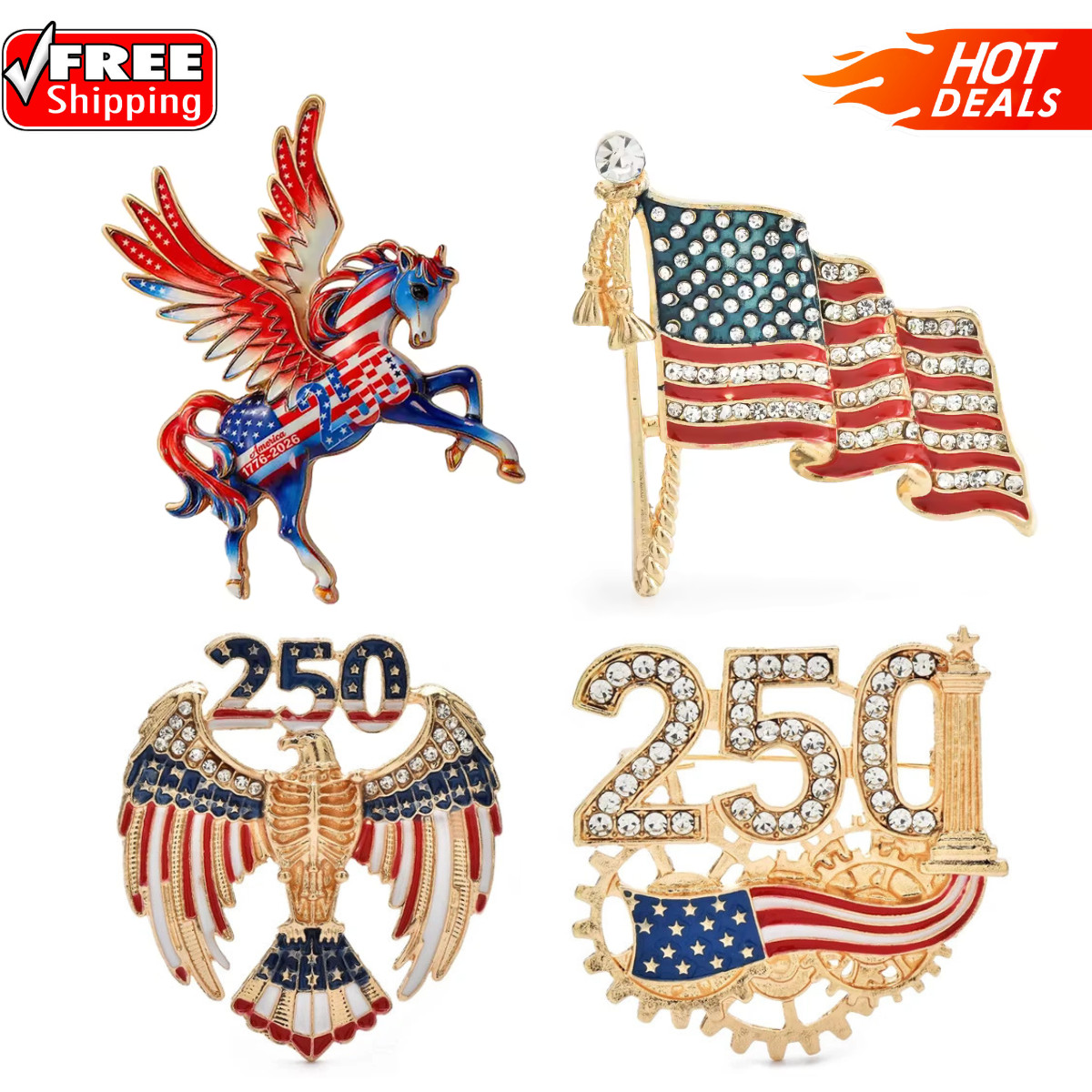 Gold Tone 4Pcs USA Independence Day American Brooches Rhinestone Enamel Gift Set