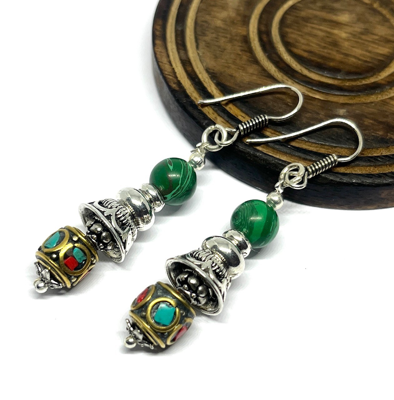 Turquoise Coral Malachite Gemstone Tibetan Handmade Earring Jewelry, 1.8 Inch