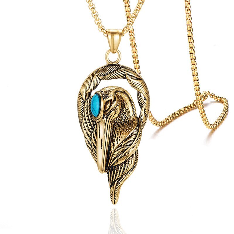 Turquoise Creative Stainless Steel Punk Crane Red Crowned Crane Pendant Necklace