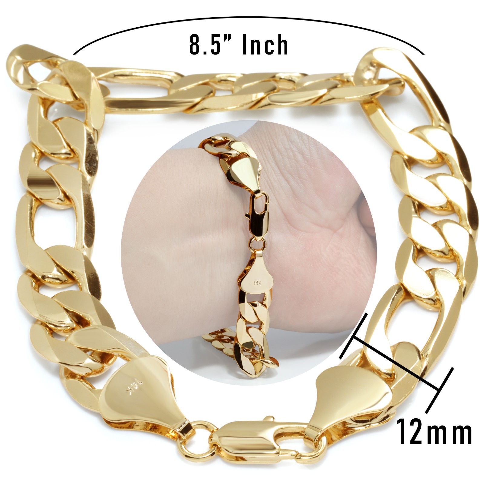 Figaro Link Chain Bracelet 12mm 8.5″ 14K Gold Plated Hip Hop Men’s Solid Fashion