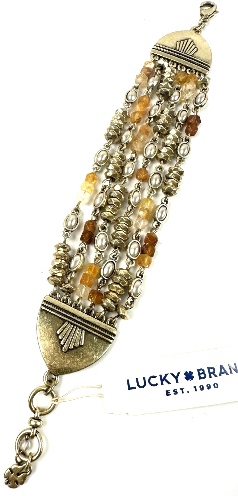 Lucky Brand Semi-Precious Stone 6-Row Link Chain Gold Tone Bracelet NWT
