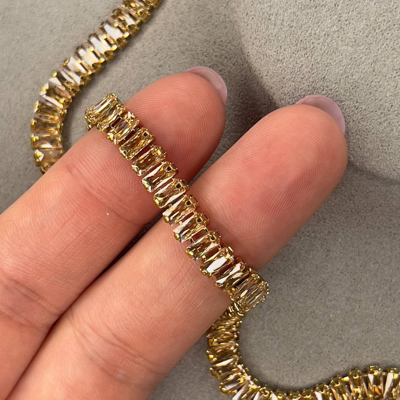 Gold Baguette Tennis Necklace Champagne Crystal Stainless Steel Choker Necklace