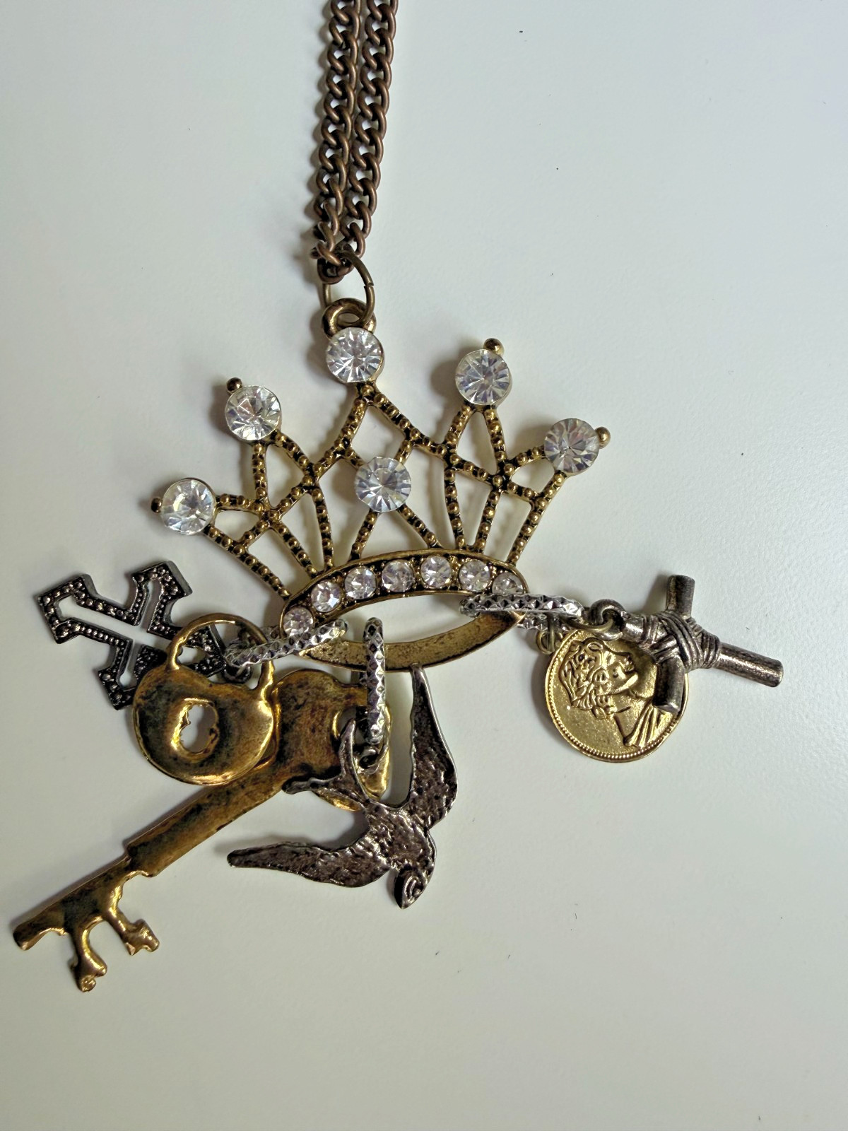 Medieval Renaissance Crown Lock Key Cross Bird Coin Bling Cosplay Punk Necklace