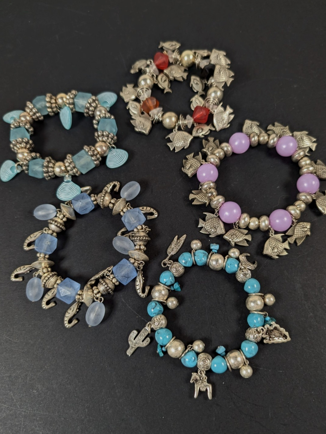 5 Beachy Beaded Bracelets Lot Silver Tone Metal Beads With Charms Fish Shrimp