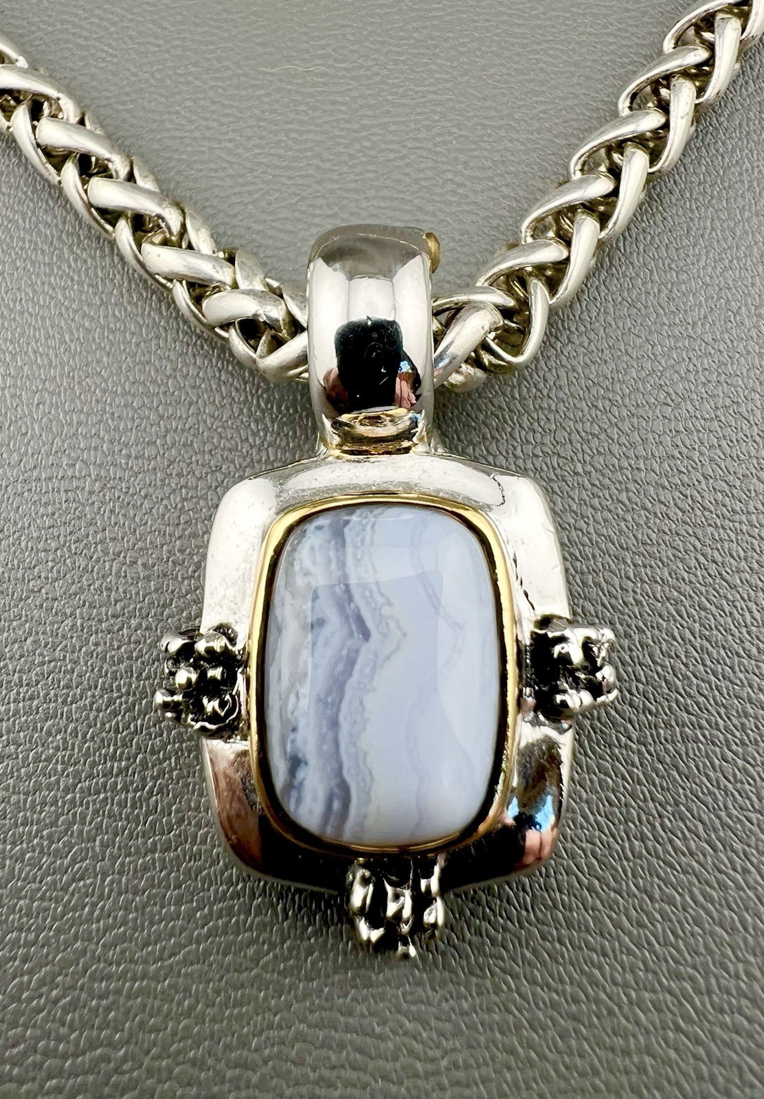 Blue Lace Agate Necklace Wheat Chain Silver Tone 18”