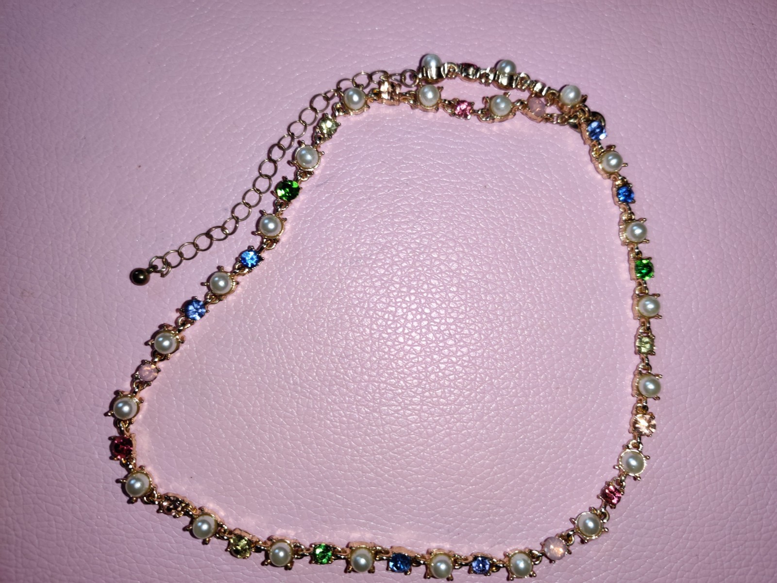 Gold Tone Chain Necklace White Pearl & Multicolor Crystal Adjustable