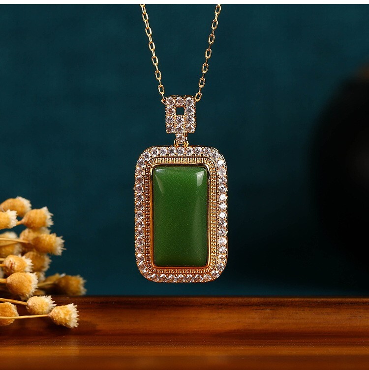 Green Jade Crystal Pendant Necklace Charm 18K Gold Plated Chain Dainty Gemstone