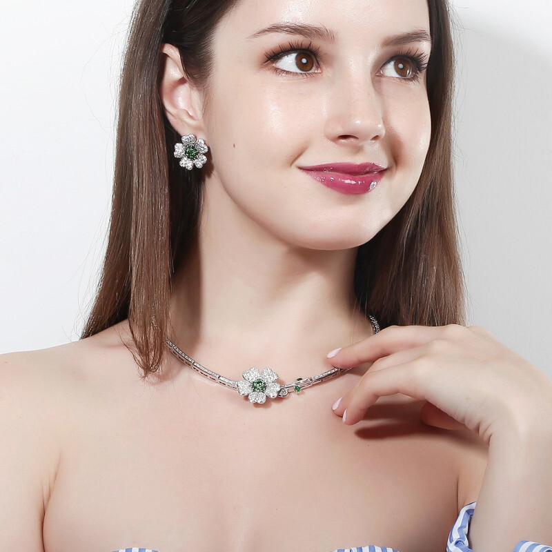 Silver Plated CZ Green Flower Choker Women Party Necklace Earrings Jewelry Set