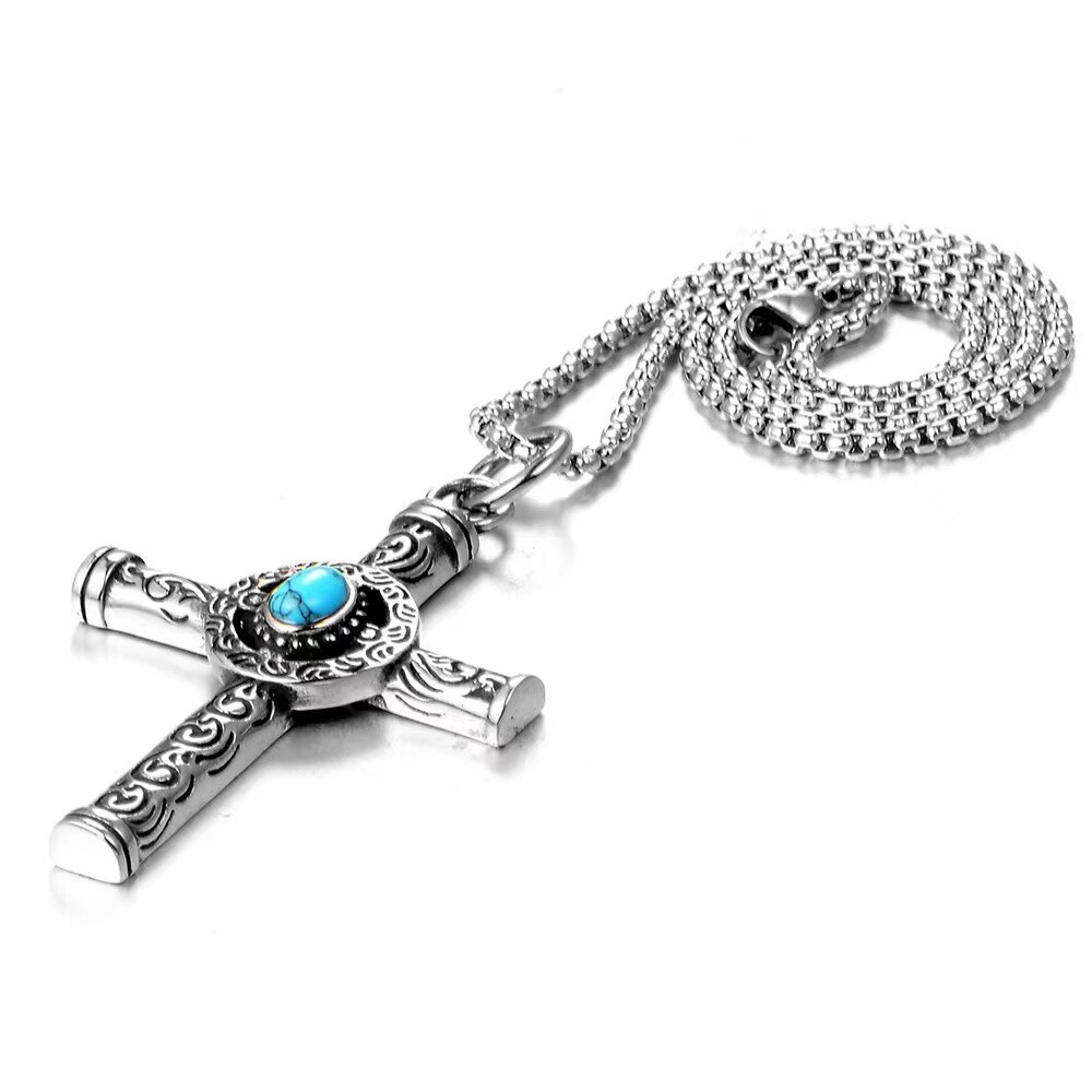 Vintage Turquoise Celtic Cross Pendant Necklace Religious Jewelry For Men Women