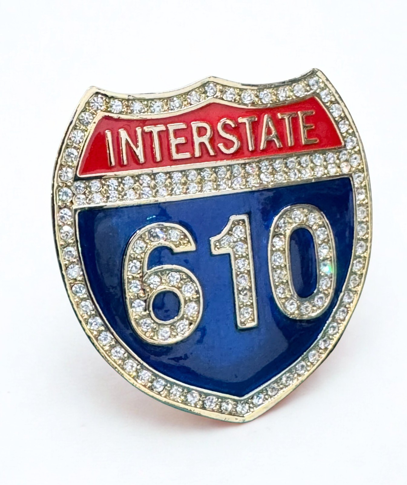 Interstate 610 Shield Belt Buckle – Gold Tone Iced Out Rhinestone Accessory