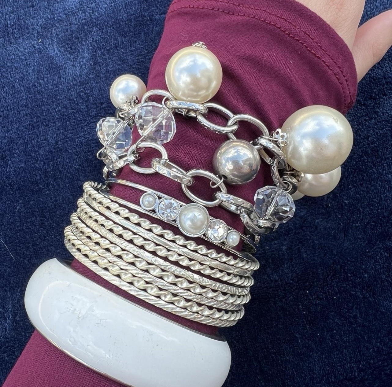 Silver-Tone Bracelet set of 11, Faux Pearls & Clear Crystals Stackable