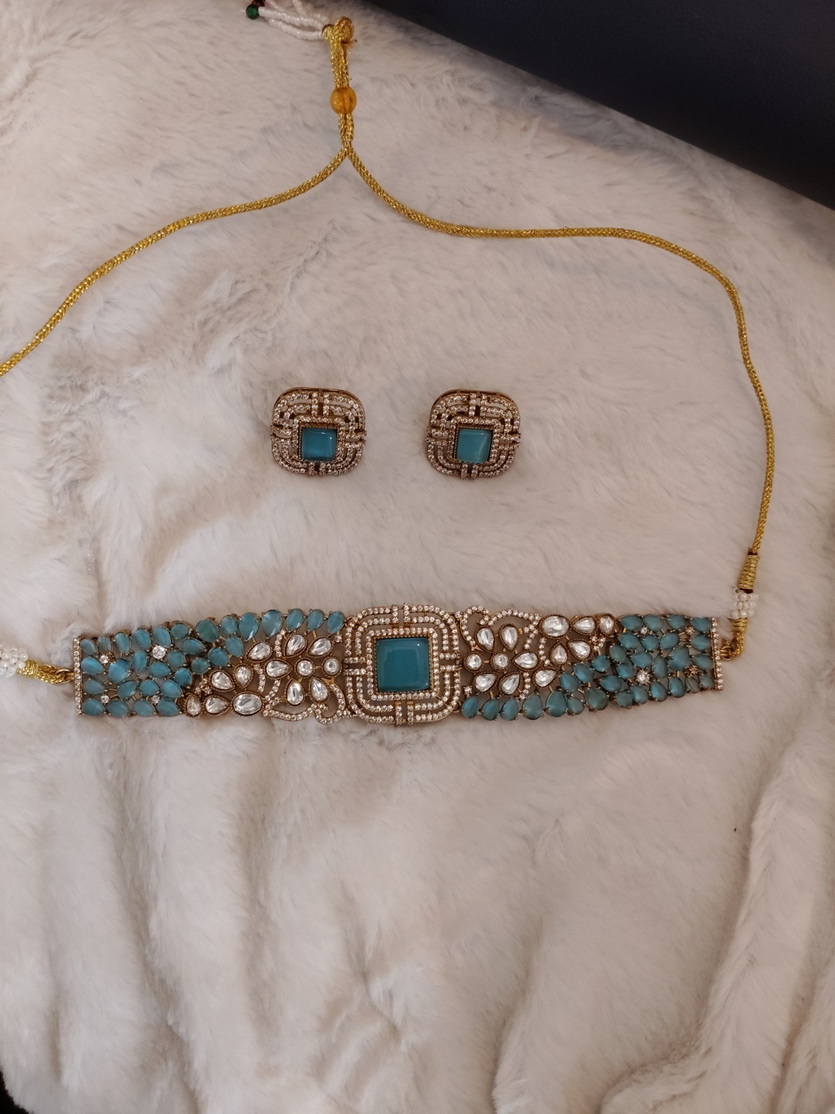 Nida Modest Aqua Blue Contemporary Kundan Choker Set with Earrings Roz Jewellers