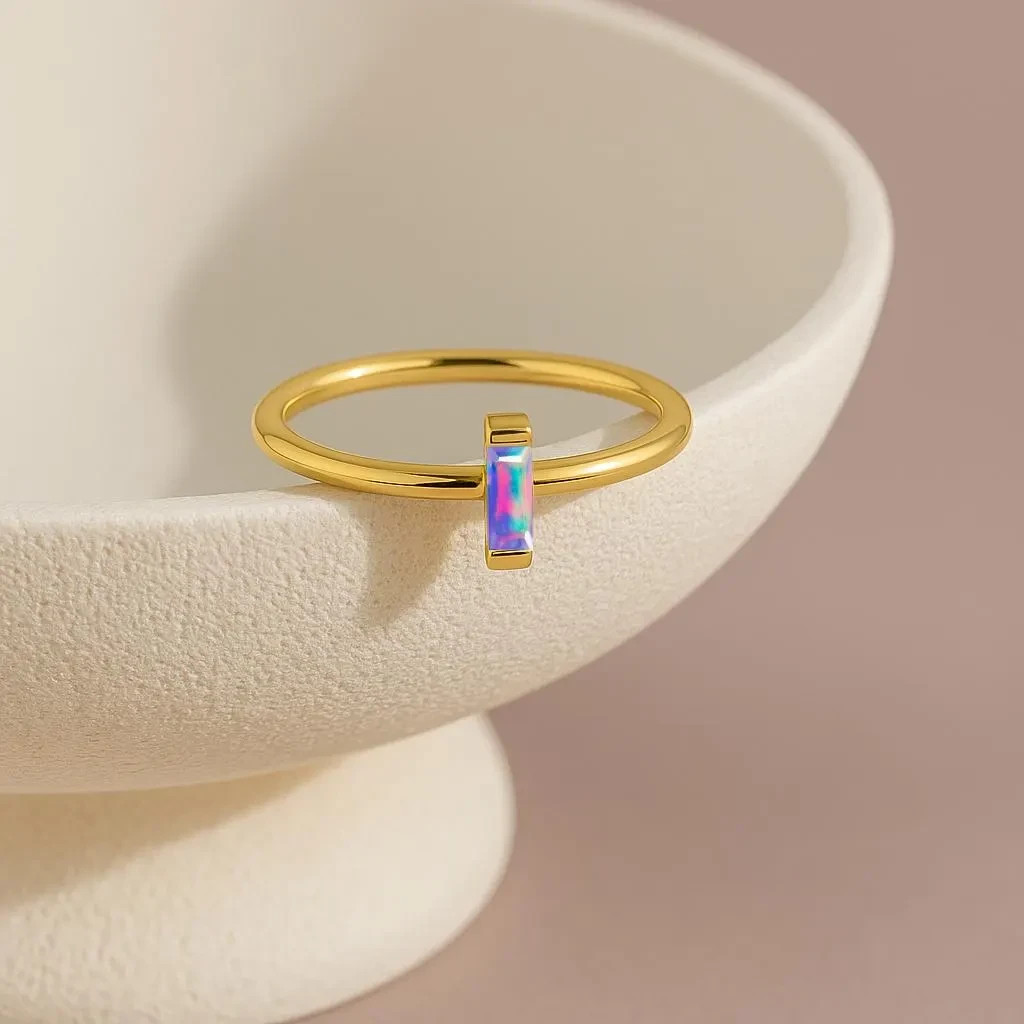 AAA Lavender Opal Baguette Gemstone Stackable Ring, Ethiopian Fire Opal Gemstone