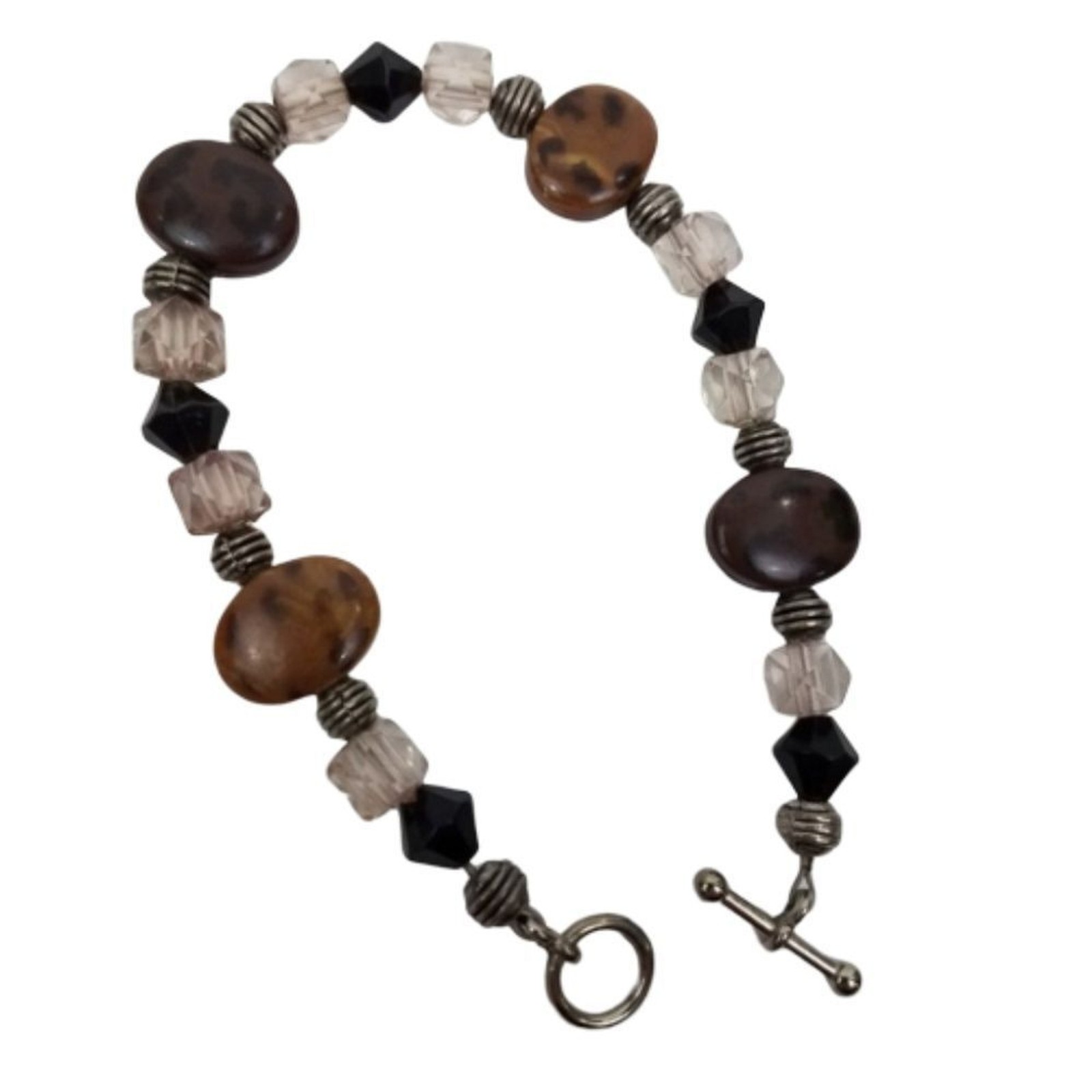 Brown Faceted Beaded Bracelet Pink Silver Tone Dot Animal Print Black 8