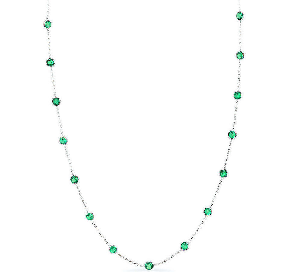 14K White Gold Necklace With Round Emerald Green Cubic Zirconia 24 Inches